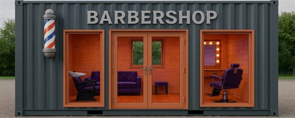 Shipping-container barbershop pop-up with branded fascia, wash station, and styling chair