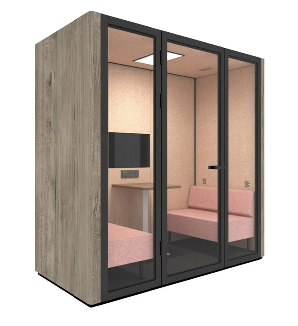 Single-person acoustic focus pod with timber shell, glass doors, and bench seating &mdash; Wito Projects Johannesburg