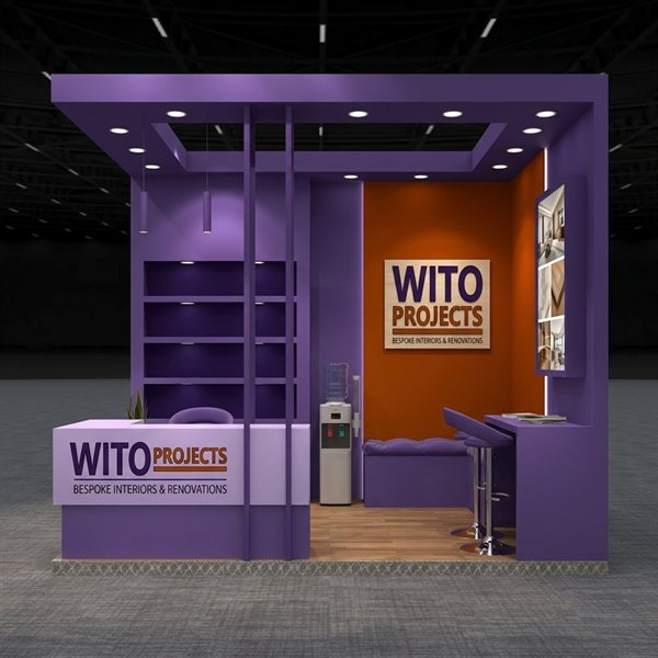 Wito Projects exhibition booth with branded counter, display shelves, and meeting bar for Gallagher Estate and NASREC