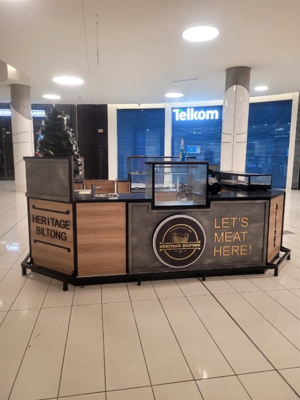 Heritage Biltong mall kiosk with branded fascia and glass display &mdash; Wito Projects Johannesburg