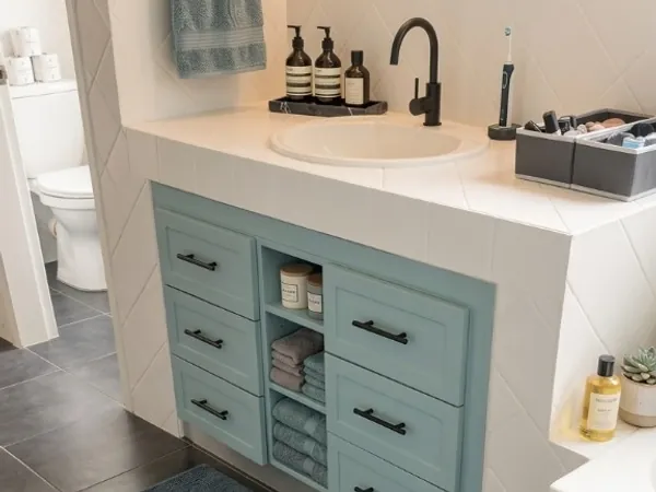 Pale blue bathroom vanity with white stone top &mdash; Wito Projects, Johannesburg