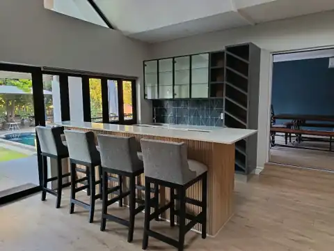 Home bar joinery in storm grey shaker style with display shelving — Wito Projects, Roodepoort