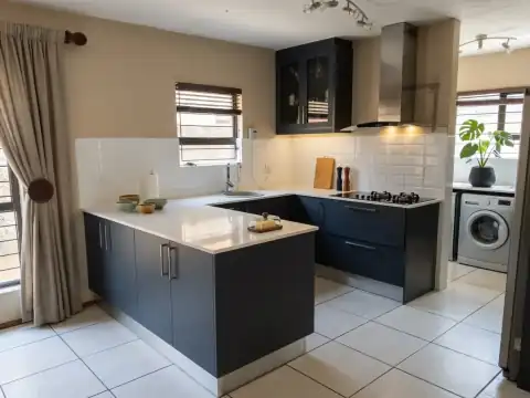Petrol blue Fourways kitchen with white quartz, subway tile splashback, and glass wall cabinet — Wito Projects, Fourways Johannesburg