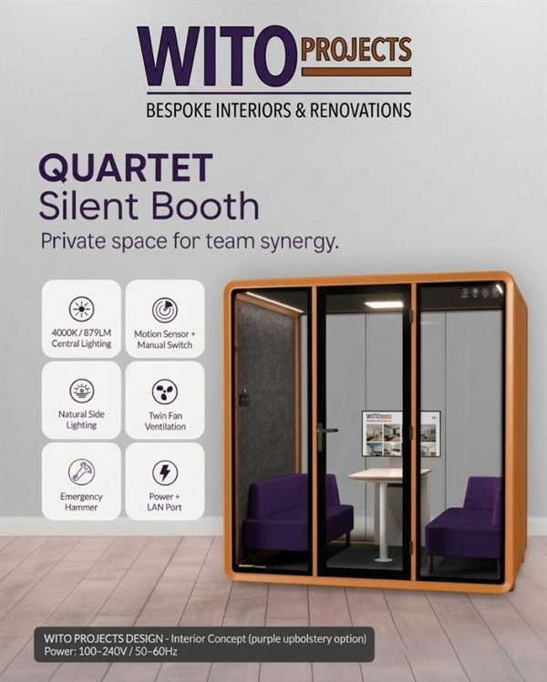 Wito Projects Quartet Silent Booth, a corporate acoustic meeting pod with purple seating and glass doors