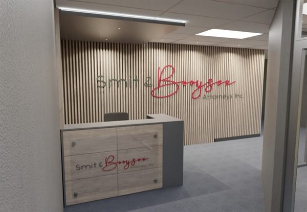 Timber slat feature wall with reception desk and logo backdrop &mdash; Wito Projects Johannesburg